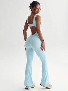 Women's Sleeveless Flare Leg Jumpsuit, Low Back Design, Elastic Zebra Print Long Leg Bodycon Jumpsuit, Slim Fit Casual One-Piece Set - Blue - View 3