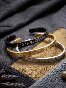 1pc Personalized Versatile Unisex Laser Engraved "GOD IS IN CONTROL" Stainless Steel Open Adjustable Faith Bracelet For Men And Women - Gold - View 1