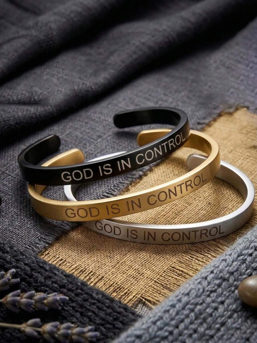 1pc Personalized Versatile Unisex Laser Engraved "GOD IS IN CONTROL" Stainless Steel Open Adjustable Faith Bracelet For Men And Women - Gold - View 1