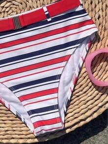Summer New Women's Striped Halter High Waist Bikini Set With Belt, Elegant Casual, Suitable For Beach Or Pool Wear - Multicolor - View 6