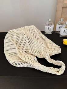 1pc Knitted Shoulder Bag, Multifunctional Tote Bag, Women's Large Capacity Open Top Hollow Handmade Woven Solid Color Polyester - A - View 7