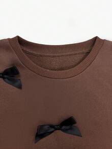 Tween Girls Autumn/Winter Brown Bow Decor Patchwork Plaid Versatile Streetwear Preppy Cute Casual Sweatshirt Dress - Rust Brown - View 5
