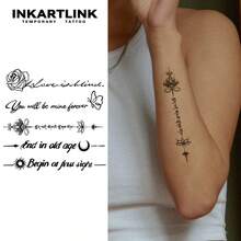 INKARTLINK 1PC Romantic Vow Graphic & Text Combination Temporary Tattoo Sticker, Waterproof Body Art Tattoo Sticker, Lasts 2-5 Days, Water Transfer Color Tattoo Sticker, Suitable For Men And Women, Essential For People, Party Decoration, Holiday Celebration Body Decoration - Black - View 2