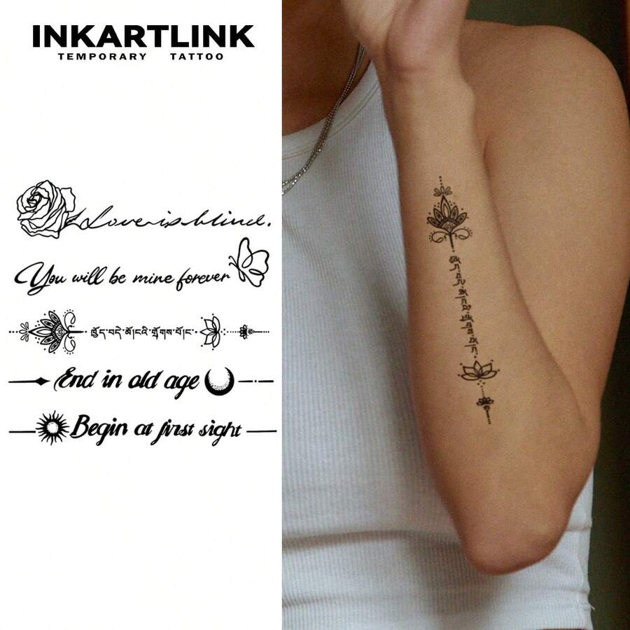 INKARTLINK 1PC Romantic Vow Graphic & Text Combination Temporary Tattoo Sticker, Waterproof Body Art Tattoo Sticker, Lasts 2-5 Days, Water Transfer Color Tattoo Sticker, Suitable For Men And Women, Essential For People, Party Decoration, Holiday Celebration Body Decoration