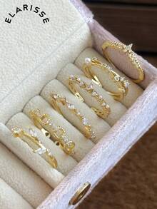 6pcs Minimalist Fashion Cubic Zirconia Faux Pearl Leaf Copper Alloy Open Rings Suitable For Women's Daily Wear And Gatherings (Gift Box Not Included) - Yellow Gold - View 2