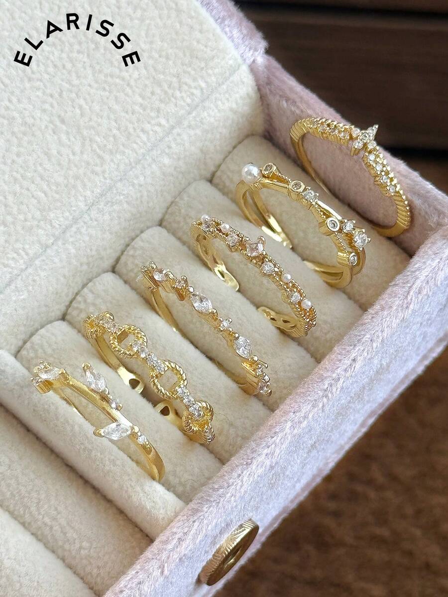 6pcs Minimalist Fashion Cubic Zirconia Faux Pearl Leaf Copper Alloy Open Rings Suitable For Women's Daily Wear And Gatherings (Gift Box Not Included)