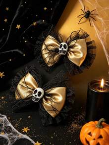 Women's Halloween Skull Bow Hair Clip, Red Soft Mesh Lace Bow Hair Accessory, Spooky Gothic Style Party Hair Decor, Multiple Colors Available - Skull Bow - View 6