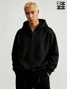 mulinsen Sweatshirt Beludru Pria, Sweatshirt Kerah Henley Longgar Model Baru Musim Gugur/Dingin, Sweatshirt Tebal Kasual Warna Polos - Hitam - View 5