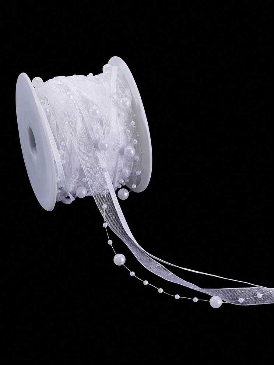 1 Roll 5 Yards Faux Pearl Beaded Chiffon & Organza Lace Trim, Suitable For Wedding Flowers, Christmas Tree Decoration, Sewing Crafts And Gift Wrapping