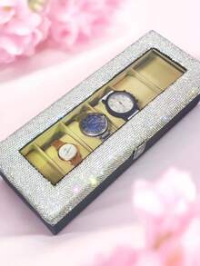 1pc Luxury Sparkling Artificial Rhinestone Lipstick Mechanical Watch Storage Box, Multi-Slot Dust-Proof Watch Display Box For Men And Women, Gift - Silver - View 2