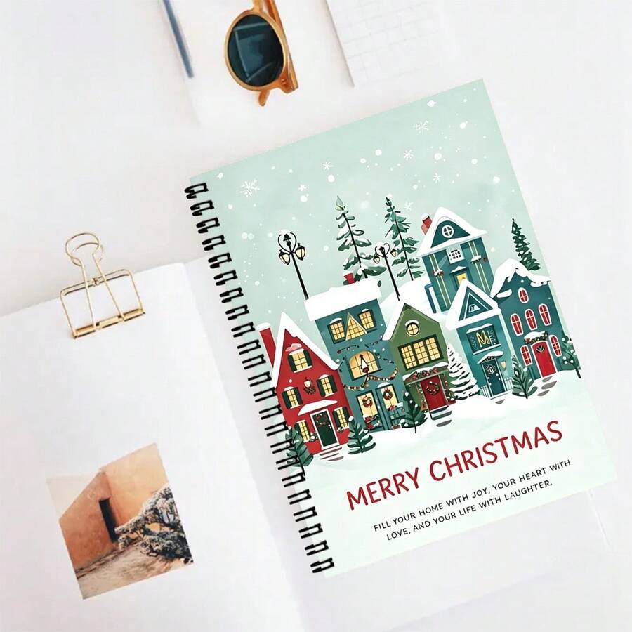 "Snowy Town" Christmas Theme Spiral Bound Notebook - Winter Snow Scene, Colorful Houses And Pine Tree Pattern, A5 Size Coil Notebook, Festive Christmas Stationery Gift - Lined Book - View 1