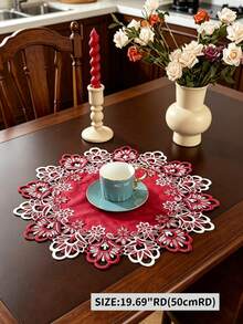 1PC Polyester Festive Burgundy Fall And Winter Velvet Center Lace Cutwork Placemat Round Floral Embroidered Table Mat For Holiday Party Dinner Decoration - Red - View 4