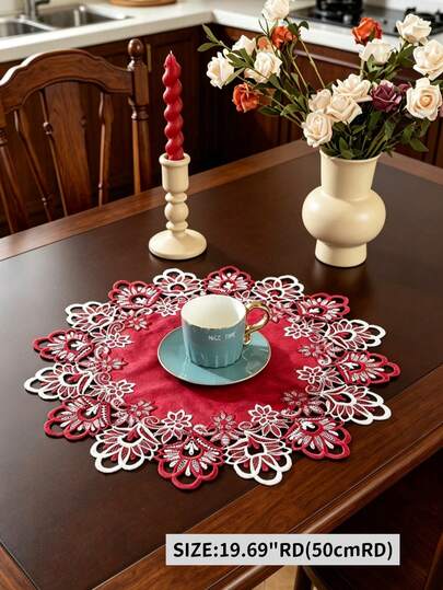 1PC Polyester Festive Burgundy Fall And Winter Velvet Center Lace Cutwork Placemat Round Floral Embroidered Table Mat For Holiday Party Dinner Decoration