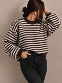 Women's Autumn/Winter Valentine's Day Cute Casual Brown & White Colorblock Striped Pattern Loose Crew Neck Long Sleeve Sweater, Basic Sweater, Business Casual Women's Wear, Autumn Tops, Autumn Sweaters, Women's Winter Clothing, Women's Autumn/Winter Apparel - Multicolor - View 3