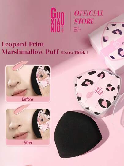 GUOXIAONIU 1pc Leopard Print Makeup Sponge, Large Round Pointed Design, Super Soft Skin-Friendly, Dry & Wet Dual Use, Full Coverage Concealing, Suitable For Foundation And Setting Powder, With Storage Box, Portable Exquisite Gift Makeup Tool