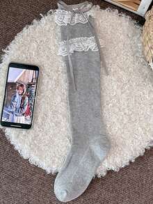 1 Pair Women's Double Layer Lace Trim Bow Mid-Calf Socks, Sweet Lolita JK Style Ribbed Knit Layered Lace Ruffle Socks, Cute Satin Ribbon Bow Decor Mid-Calf Socks, Soft Breathable Casual Socks, Vintage Slouch Socks, Suitable For Denim Boots, Riding Boots, Girls Daily Outfit, Cosplay Outfit - Multicolor - View 10
