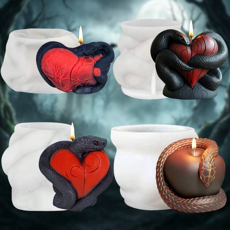 4pcs Halloween Heart & Snake Silicone Molds, Halloween Decorative Element Plaster Silicone Molds - White - View 1