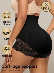 MEIYATING 3pcs Women's High Waist Tummy Control Seamless Lace Trim Lightweight Briefs & Triangle Panties, Elegant Daily Wear - Multicolor - View 3