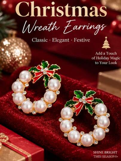 1 Pair Christmas Theme Earrings, Wreath & Bow Design, Fashionable Personalized Jewelry Gift, Suitable For Daily Wear, Perfect Party And Holiday Gift, Versatile Accessory For Women's Casual And Vacation Outfits