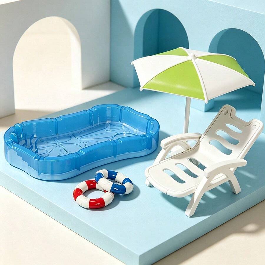 Tiny Beach Pool Lounge Set, Miniature Swim Ring Chair Ornament, Aesthetic Room Decor Desktop Display, Micro Scene Home Shelf Decoration Accent