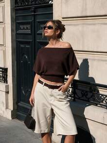 VINOVA Women's Knitted Basic Cold Shoulder Short Sleeve Fashion Top, Autumn Fashion, Casual Shirt, Women's Office Top, Going Out Top, Business Top - Brown - View 5