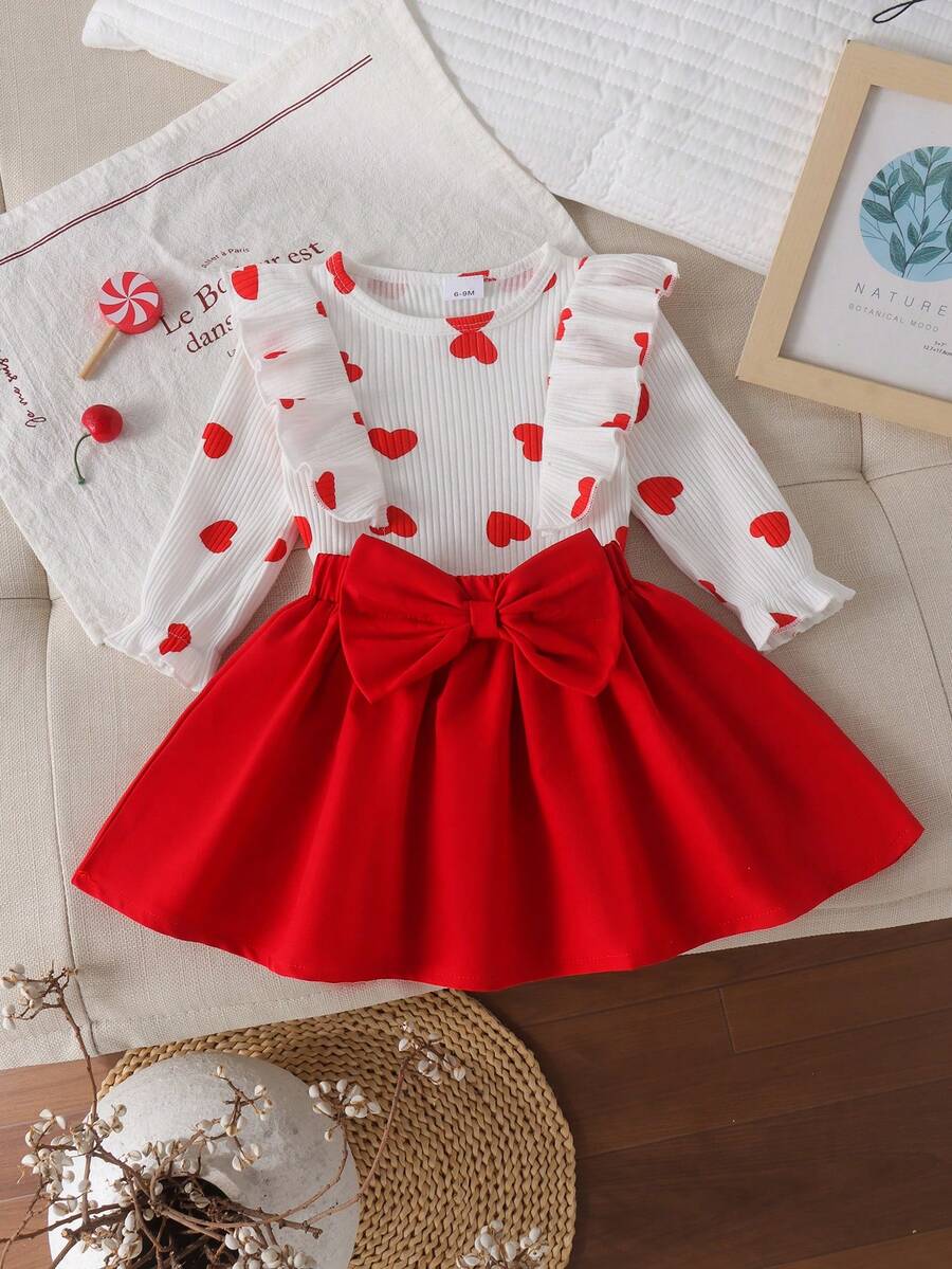 2pcs Baby Girl Cute Ruffle Hem Heart Print Ribbed Long Sleeve Top & Skirt Set, Thin Spring/Autumn Holiday - Red and White - View 1