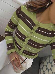 女款秋冬休閒優雅藍色條紋撞色金屬鈕扣荷葉邊針織長袖開襟衫，返校季毛衣 - 綠色 - 查看 4