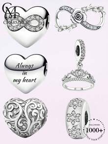 1pc Heart Crown Flower Beaded Pendant, Suitable For Women's Bracelet, Bangle DIY Jewelry Making And Daily Wear Accessories - Silver - View 12
