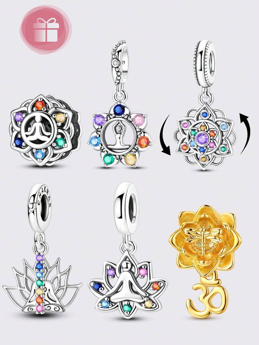 1 Pieces Original Design Silvery Color Charms Beads Relaxing Yoga & Lotus Cubic Zirconia Inlay Charms For Women Fits Original Bracelet DIY Making - Multicolor - View 1