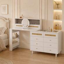 Dressing Table With Jewelry Box And Mirror, 10 Drawers, Tempered Glass Top And Rattan Decoration, Large Vanity With Ample Storage Space, 105 * 50 * 108 Cm, White, For Bedroom And Dressing Room - White - View 3