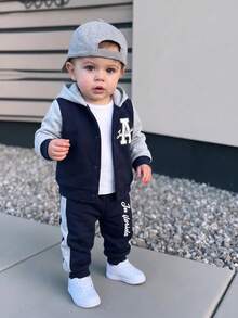 2pcs/Set Boys Casual Letter Print Hooded Baseball Jacket, Infant Baby Patchwork Sweatshirt And Pants Sports Outfit, Autumn/Winter - Navy Blue - View 1