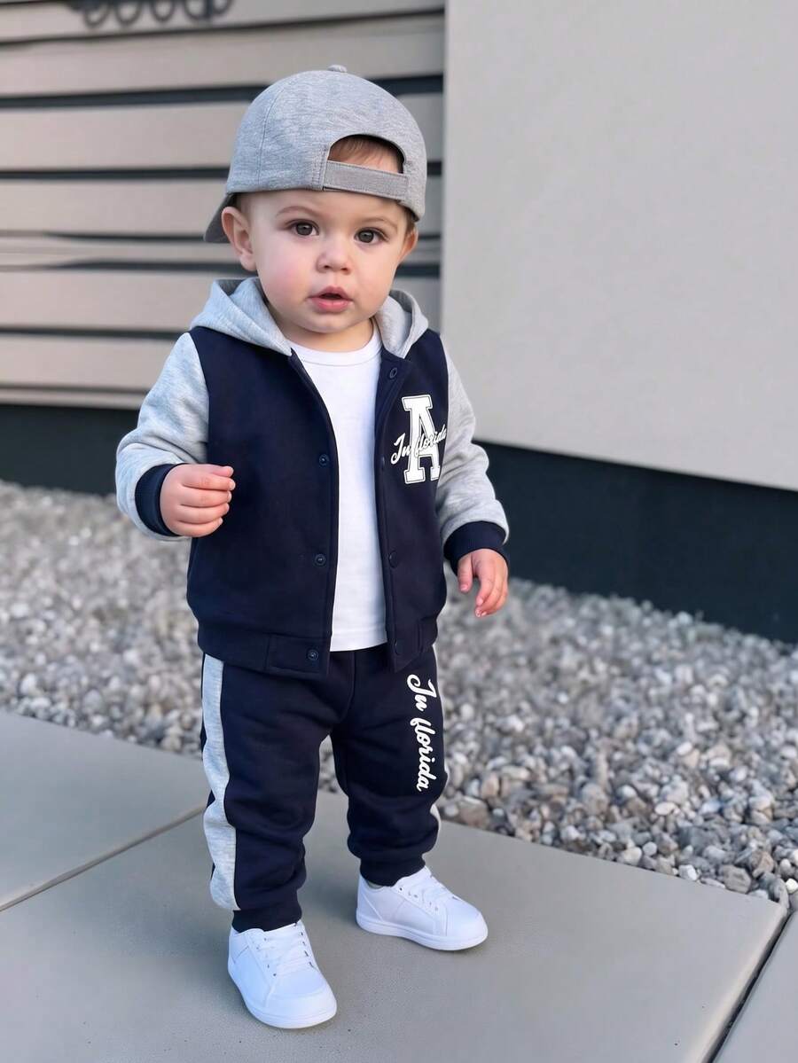 2pcs/Set Boys Casual Letter Print Hooded Baseball Jacket, Infant Baby Patchwork Sweatshirt And Pants Sports Outfit, Autumn/Winter - Navy Blue - View 1