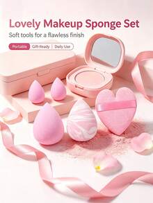 5pcs Makeup Sponge Set, Water Drop Puff, Heart Shaped Puff, Foundation Concealer Powder Dry & Wet Dual Use Makeup Puff - Pink - View 6