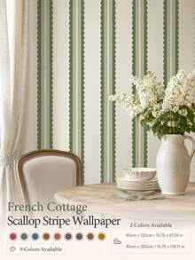 SUPSTICKER Retro Boho Scalloped Stripe Wallpaper, Removable Matte Finish, 40x120cm/40x300cm, For Bedroom, Living Room & Entryway - 1PC - View 1