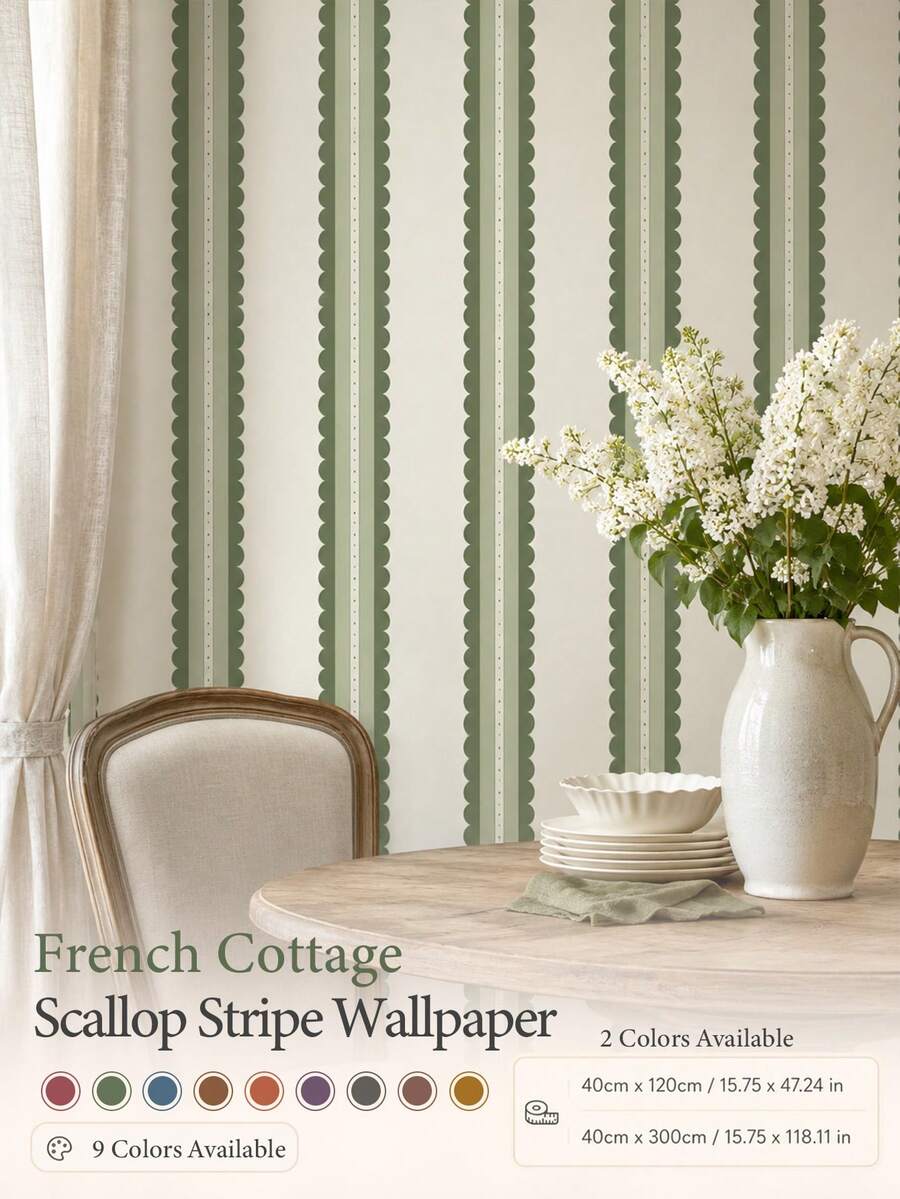SUPSTICKER Retro Boho Scalloped Stripe Wallpaper, Removable Matte Finish, 40x120cm/40x300cm, For Bedroom, Living Room & Entryway - 1PC - View 1