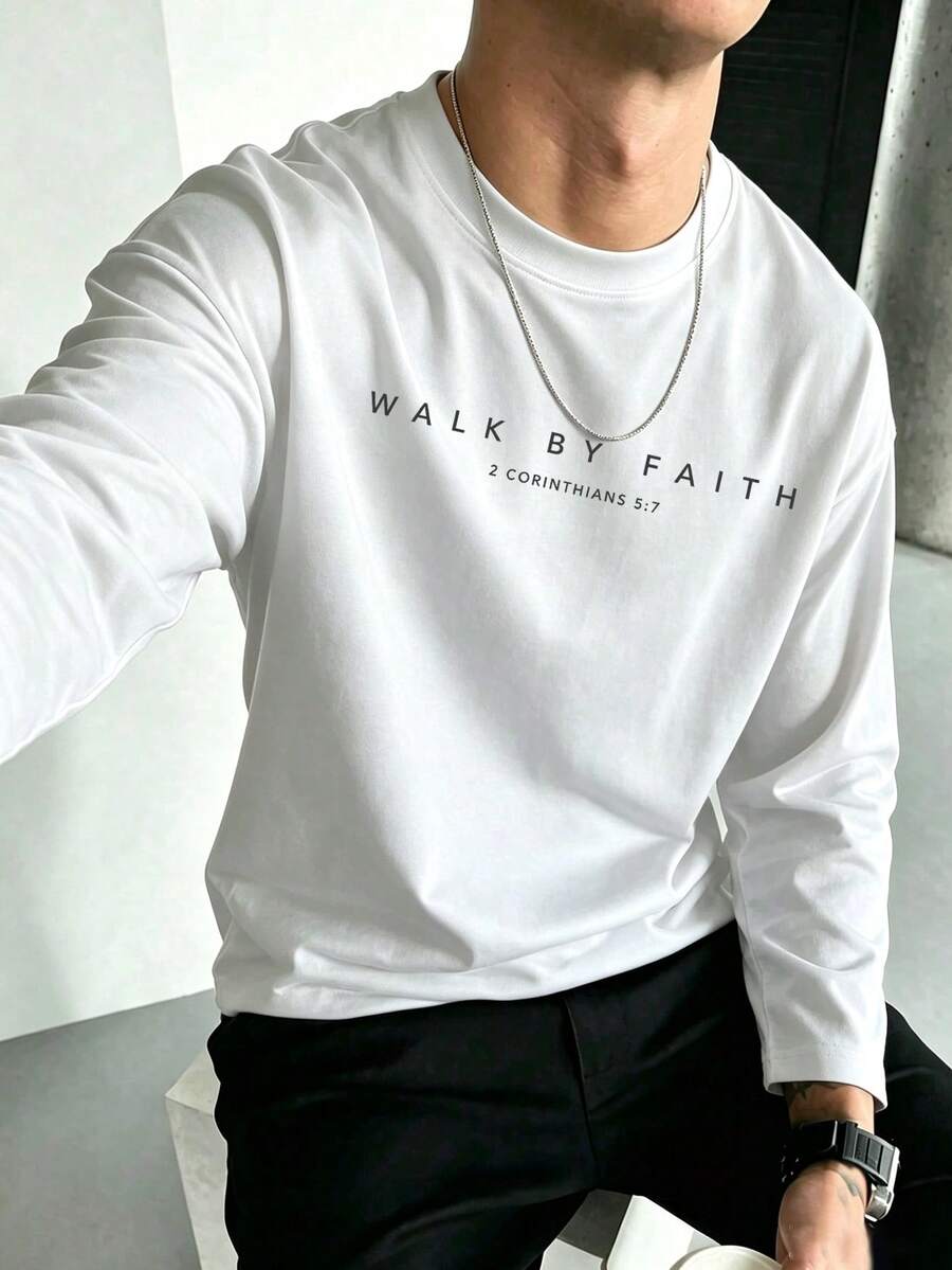 男士字母印花長袖T恤，休閒極簡寬鬆版型街頭風T恤