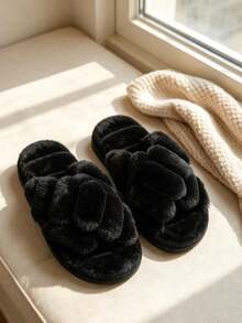 Fuzzy Black Solid Color Cross Strap Thick Sole Women's Indoor Comfortable Open Toe Warm Slippers, Gift For Girls, All Season - Black Cross - View 5
