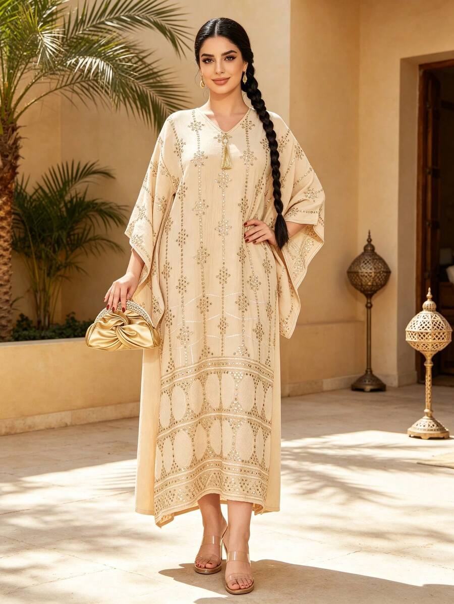 Intricate Embroidered Arabic Women's Dress 2026 Summer Autumn Apricot Elegant Saudi National Day Dress, JALABIYA Tassel V-Neck, Casual Travel Outfit