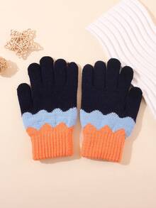 1 Pair Boys Wavy Color Block Knit Screen Gloves, Soft Warm Full‑Finger Gloves For Kid Winter Daily Outdoor Activities - 1Pair - View 8