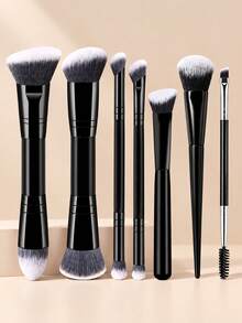7/6/5/3pcs Dual-Ended Makeup Brush Set - Professional Soft Synthetic Bristle Makeup Brushes, Suitable For Foundation, Blush, Eyeshadow And Eyebrow Makeup, Essential Makeup Tools For Daily Use. - Black - View 1