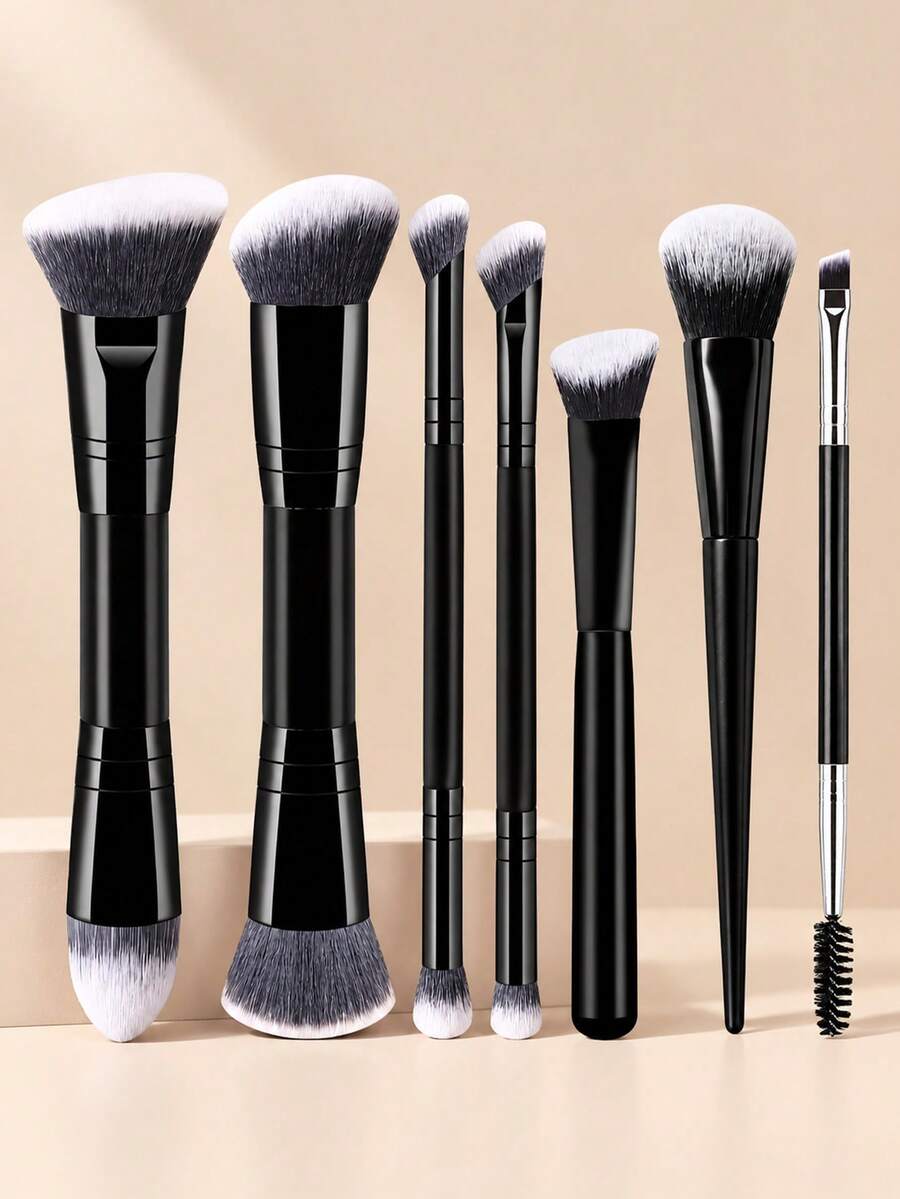 7/6/5/3pcs Dual-Ended Makeup Brush Set - Professional Soft Synthetic Bristle Makeup Brushes, Suitable For Foundation, Blush, Eyeshadow And Eyebrow Makeup, Essential Makeup Tools For Daily Use. - Black - View 1
