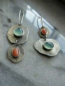 1 Pair Women's Retro Asymmetric Turquoise Agate & Artificial Coral Creative Silver-Plated Earrings - Multicolor - View 1
