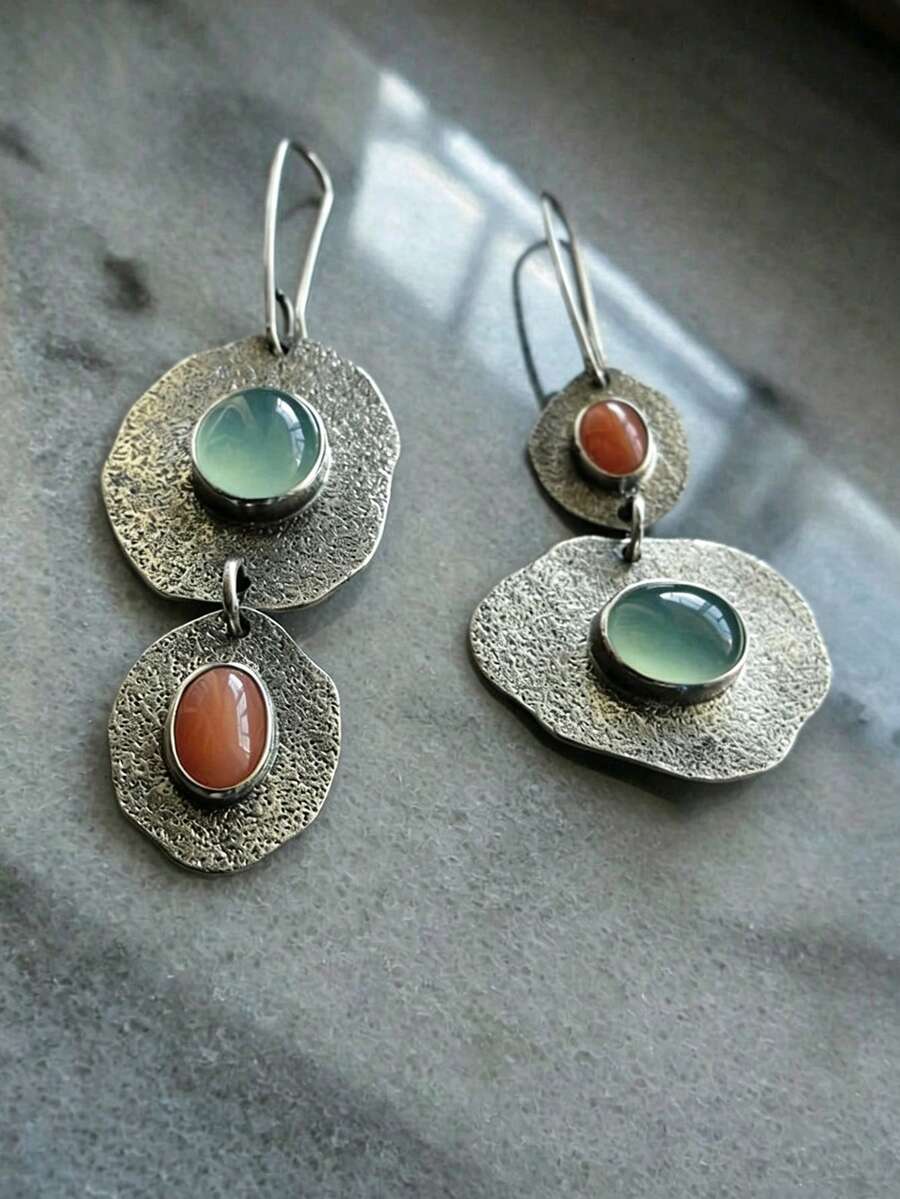 1 Pair Women's Retro Asymmetric Turquoise Agate & Artificial Coral Creative Silver-Plated Earrings - Multicolor - View 1
