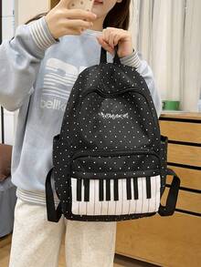 Piano Keyboard Polka Dot Backpack, Black & White Music Embroidery Large Capacity Multi-Pocket Casual Daily Use Backpack, Suitable For School, Music Class And Everyday Use - Multicolor - View 6