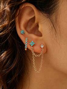 Bohemian Vintage Copper Imitation Turquoise Flower Earrings, Dainty Aesthetic Stackable Water‑Drop Chain Stud Ear Jewelry Sets Women - Yellow Gold - View 1
