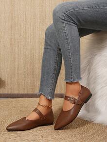 French Vintage Brown Pointed Toe Buckle Flat Ballet Shoes For Women, Soft Low Vamp Commuter Shoes - Brown - View 2