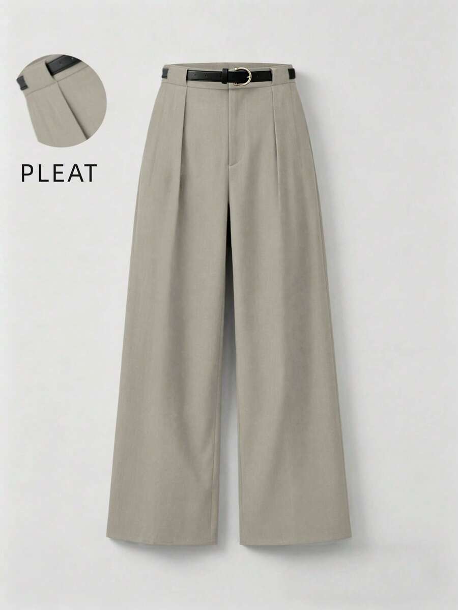 Mid-Rise Solid Color Elegant Straight-Leg Pants With Belt Spring - Apricot - View 1