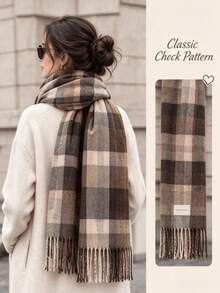 Women's Vintage Plaid Fringe Scarf, Soft Warm Faux Cashmere Shawl Scarf, Classic Plaid Fringe Neck Scarf, Suitable For Autumn/Winter Daily Wear - Khaki Stripes - View 3