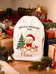 Christmas Custom Name Drawstring Gift Bag, Festive Santa Teddy Bear Print Sack, Large Capacity Reusable Gift Storage Pouch, Thoughtful X‑Mas Gift Idea For Loved Ones - Multi-color 1 - View 5