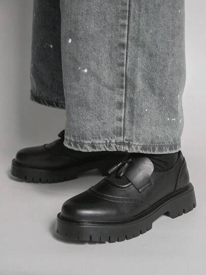 Men's Black Thick Sole Loafers With Tassel Decor British Retro Slip-On Dress Shoes Chunky Heel Casual Shoes